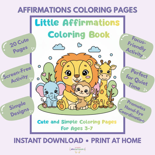 A set of printable Little Affirmations coloring pages for kids featuring cute kawaii-style illustrations of animals and positive messages. Includes simple line art designed for ages 3–7, great for classroom SEL activities, therapy sessions, calm-down corners, and confidence-building coloring fun.