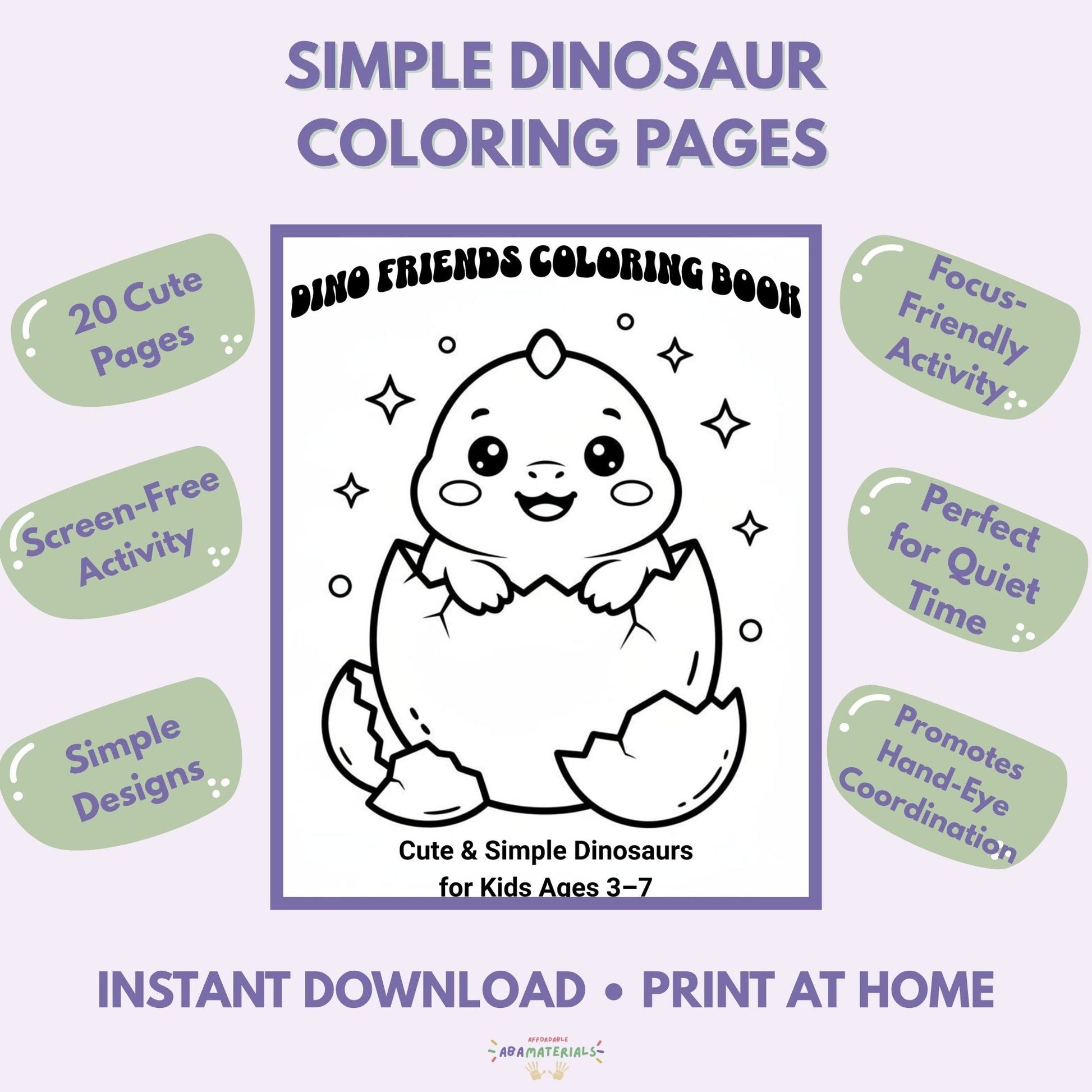 Dino Friends Printable Coloring Book – 20 Kawaii Dinosaur Pages (PDF Download) Affordable ABA Materials