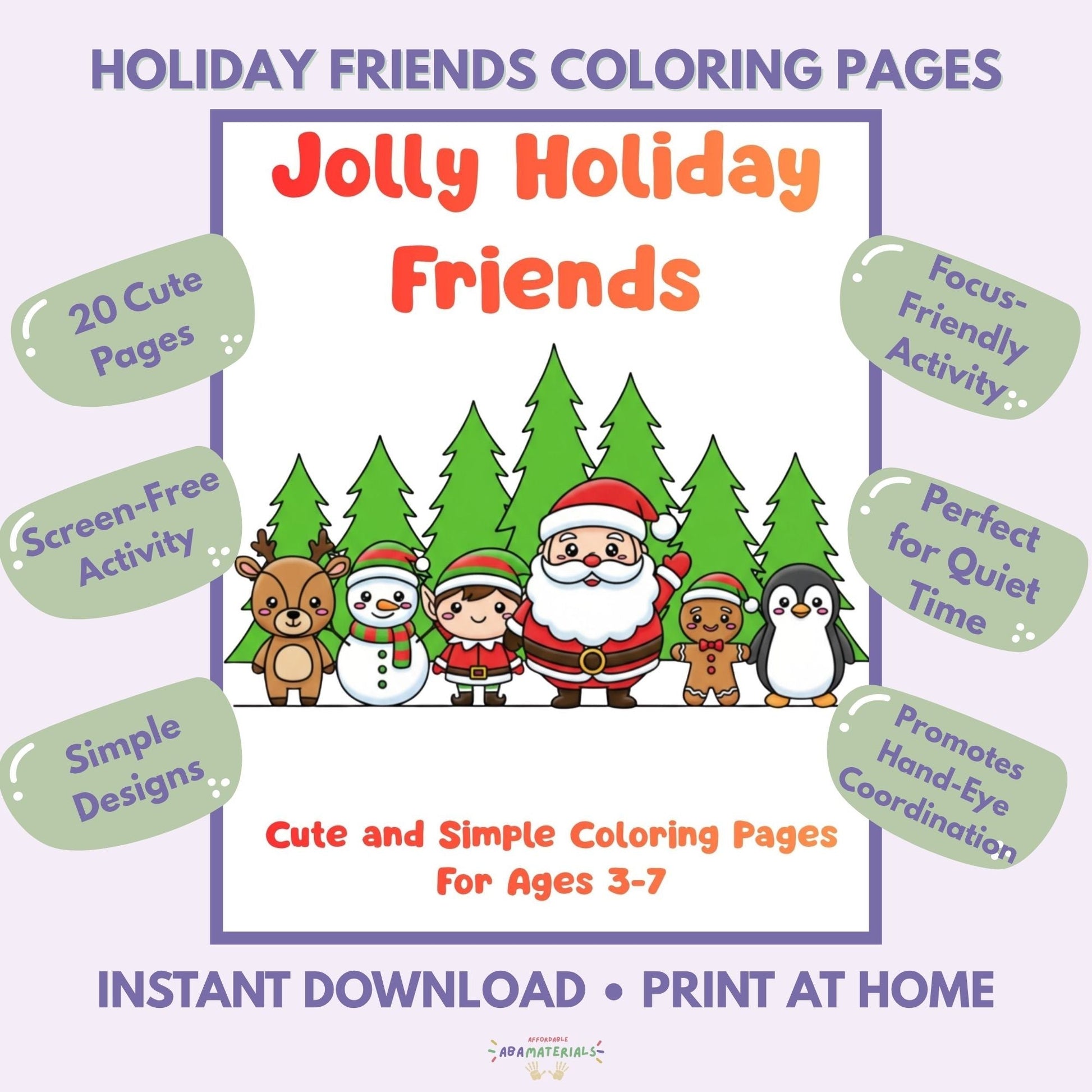Jolly Holiday Friends Kawaii Christmas Coloring Pages – 20 Printable PDF Sheets Affordable ABA Materials