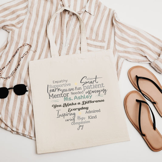 Personalized Heart Word Cloud Tote Bag – Custom Name Gift for Teachers, Mentors & Caregivers Affordable ABA Materials