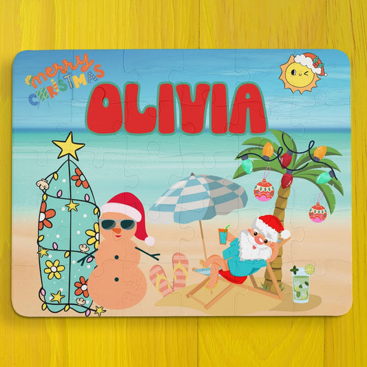 Personalized Beach Christmas Puzzle – Custom Name 30-Piece Kids Holiday Jigsaw, Santa at the Beach Affordable ABA Materials