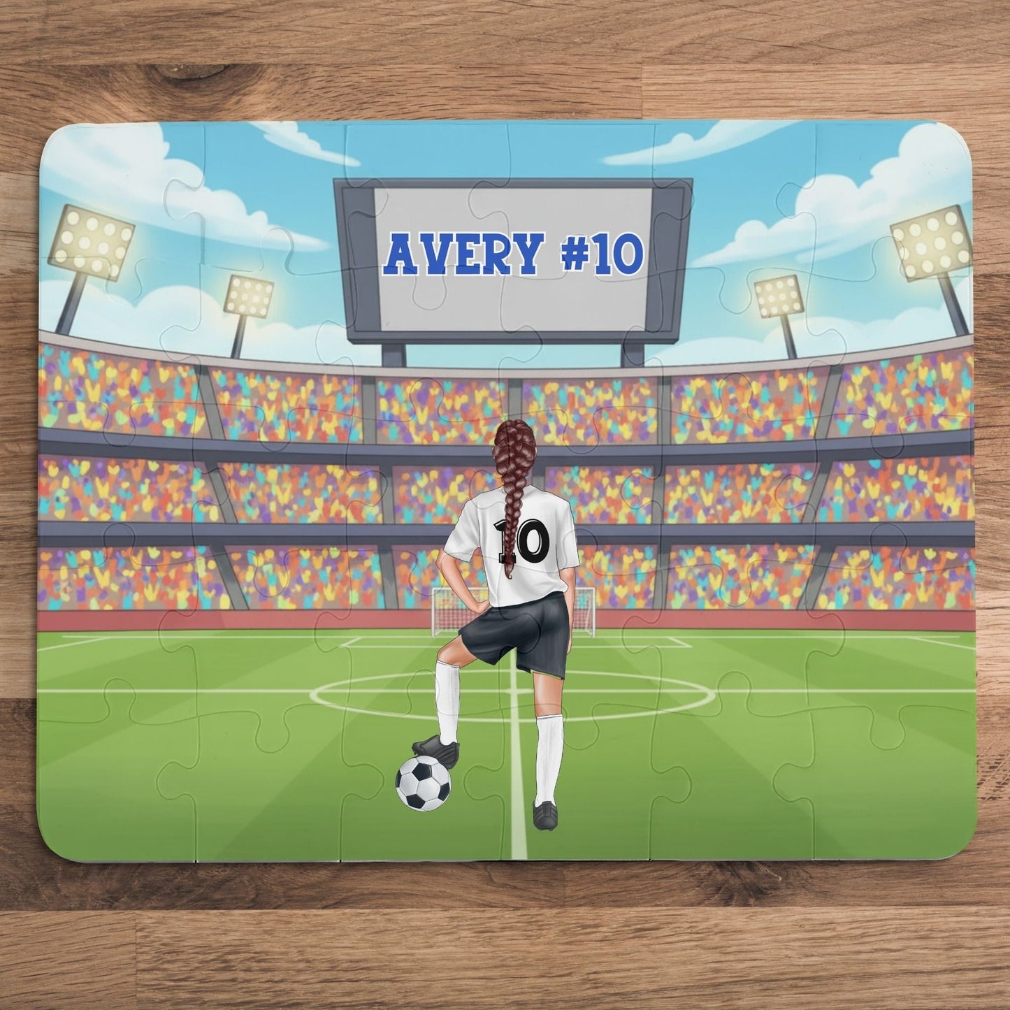 Personalized Girls’ Soccer Puzzle – Custom Name, Number & Player Style (30-Piece Puzzle) Printify