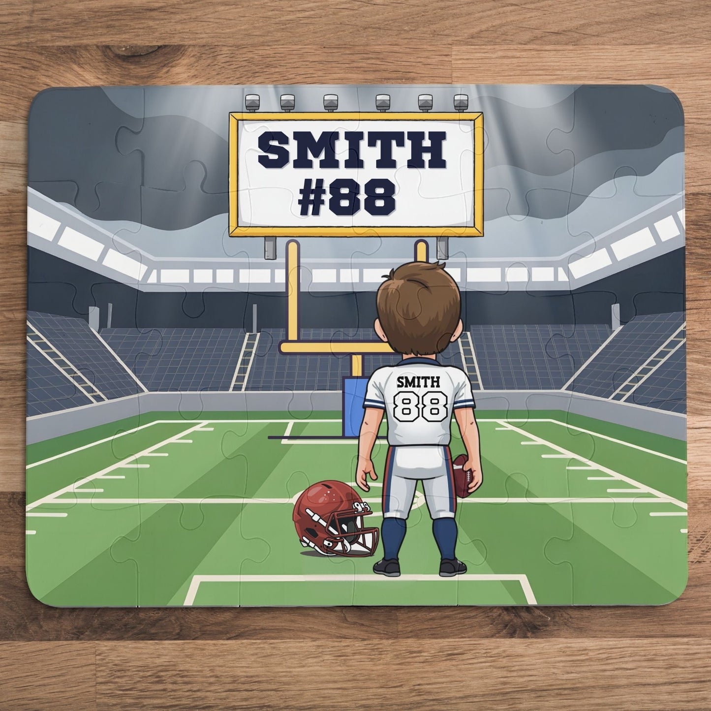Personalized Football Player Puzzle – Custom Name, Number & Helmet Color (30-Piece) Printify