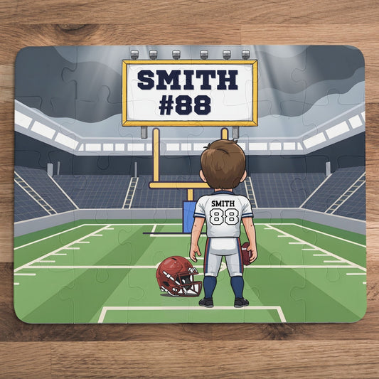 Personalized Football Player Puzzle – Custom Name, Number & Helmet Color (30-Piece) Printify