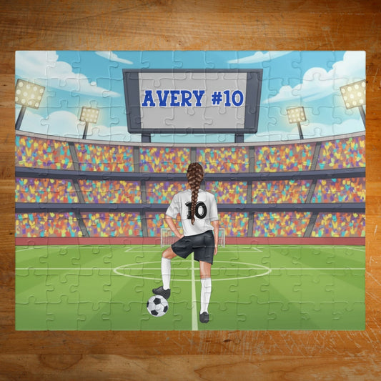 Personalized Girls’ Soccer Puzzle – Custom Name, Number & Hair Color (110 Pieces) Affordable ABA Materials