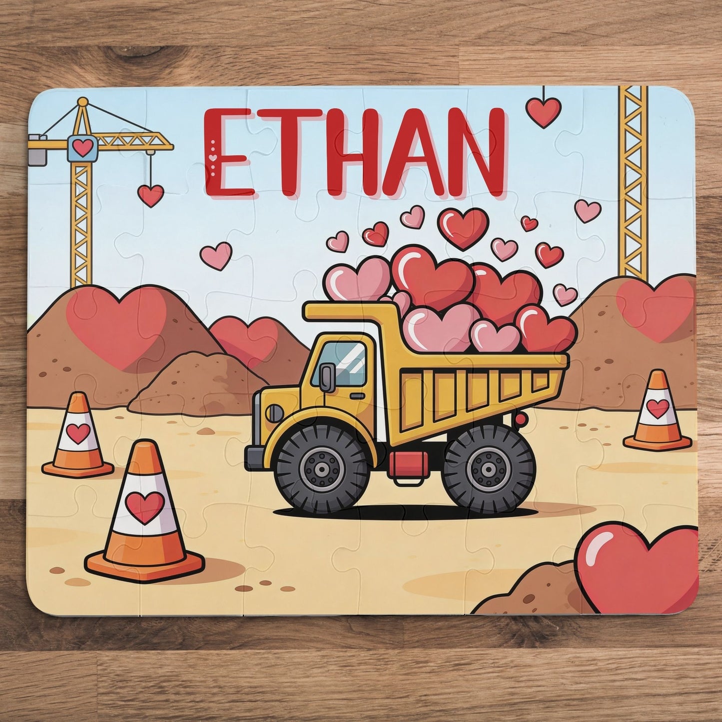 Personalized Valentine-themed puzzle for kids featuring a cute construction truck carrying hearts in a playful desert scene. This 30-piece custom name puzzle is designed for toddlers and young children, making it a sweet Valentine’s Day gift, calm play activity, or meaningful keepsake. Bright colors, simple shapes, and a vehicle theme make it perfect for kids who love trucks and personalized toys.