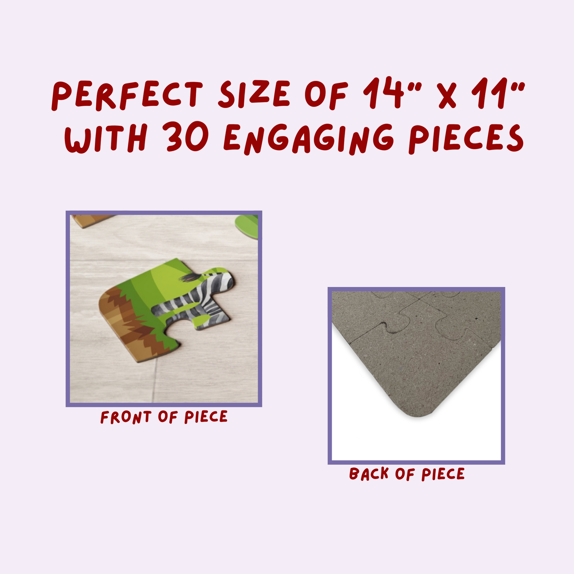 Close-up graphic showing the front and back of a jigsaw puzzle piece, highlighting printed artwork on the front and plain chipboard backing, with text indicating puzzle size and piece count.
