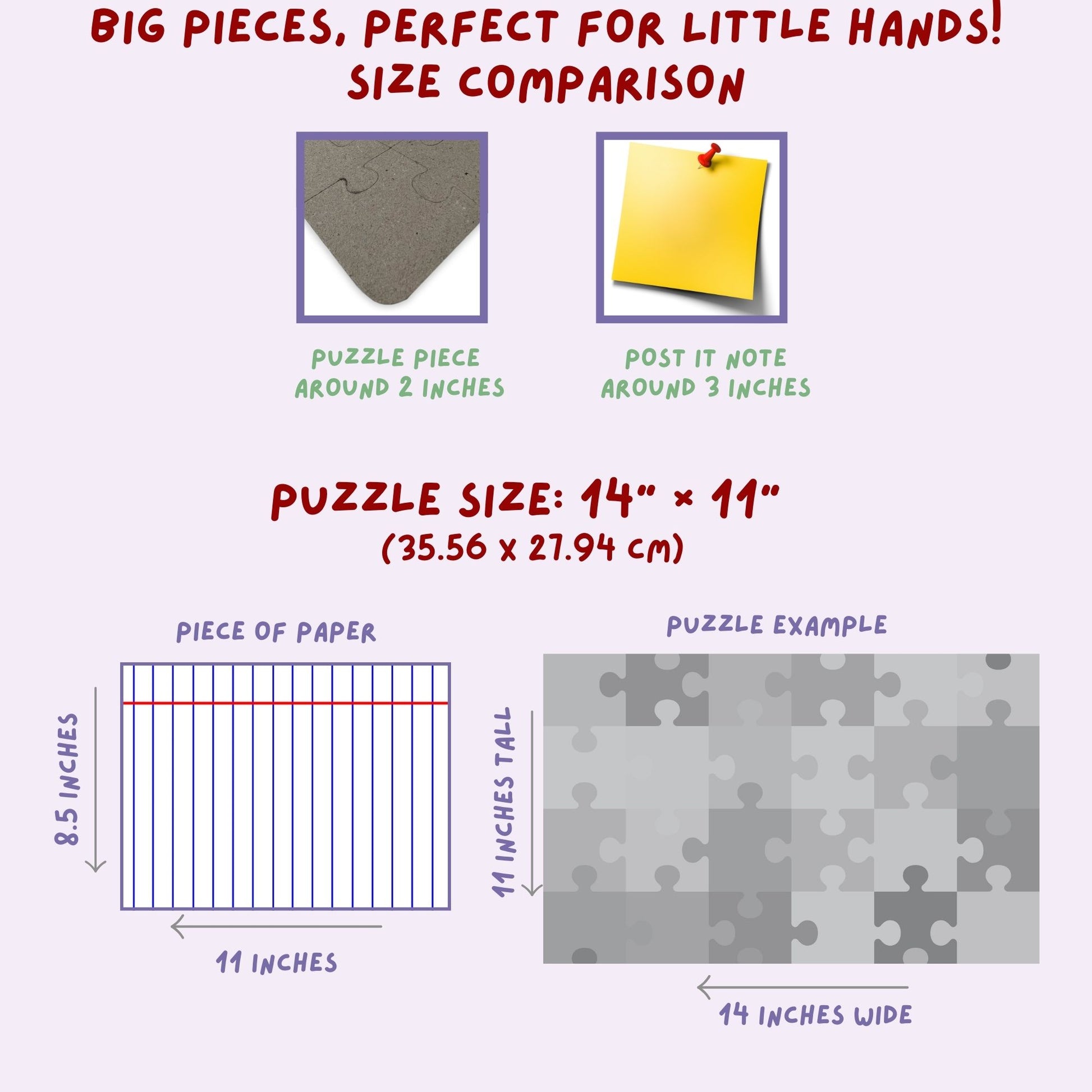 Size comparison graphic for a 30-piece kids jigsaw puzzle, showing large jigsaw pieces approximately 2 inches wide, overall puzzle size of 14 by 11 inches, and a visual comparison to common household items for scale.