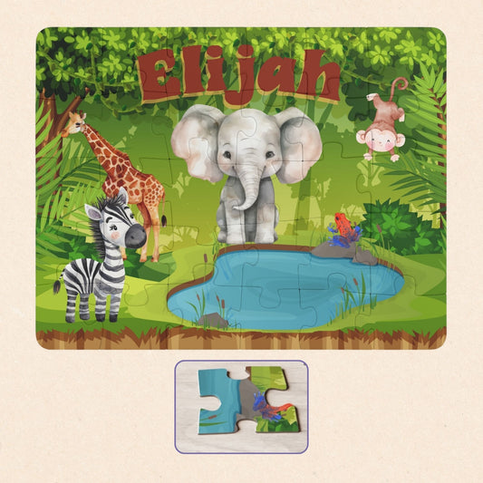 Personalized jungle animal name puzzle with elephant, giraffe, zebra, and monkey illustrations, featuring a customizable child’s name printed across the top of the 30-piece jigsaw puzzle.