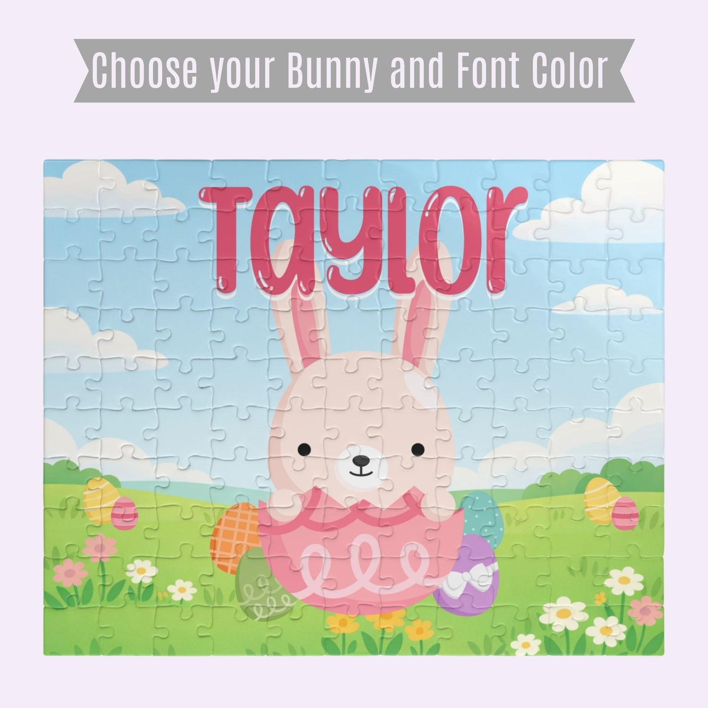 Personalization preview image for an Easter bunny jigsaw puzzle showing selectable bunny design options and font color choices, with a customizable name displayed across the top of the puzzle.