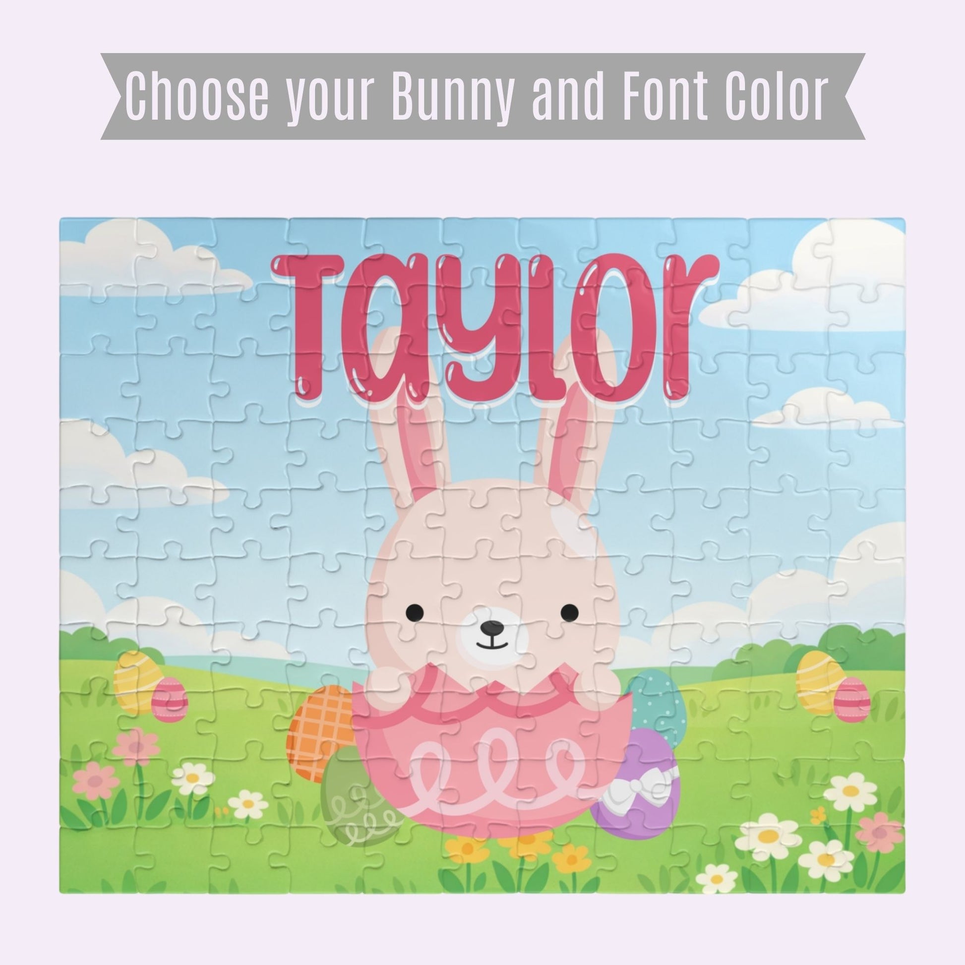 Personalization preview image for an Easter bunny jigsaw puzzle showing selectable bunny design options and font color choices, with a customizable name displayed across the top of the puzzle.