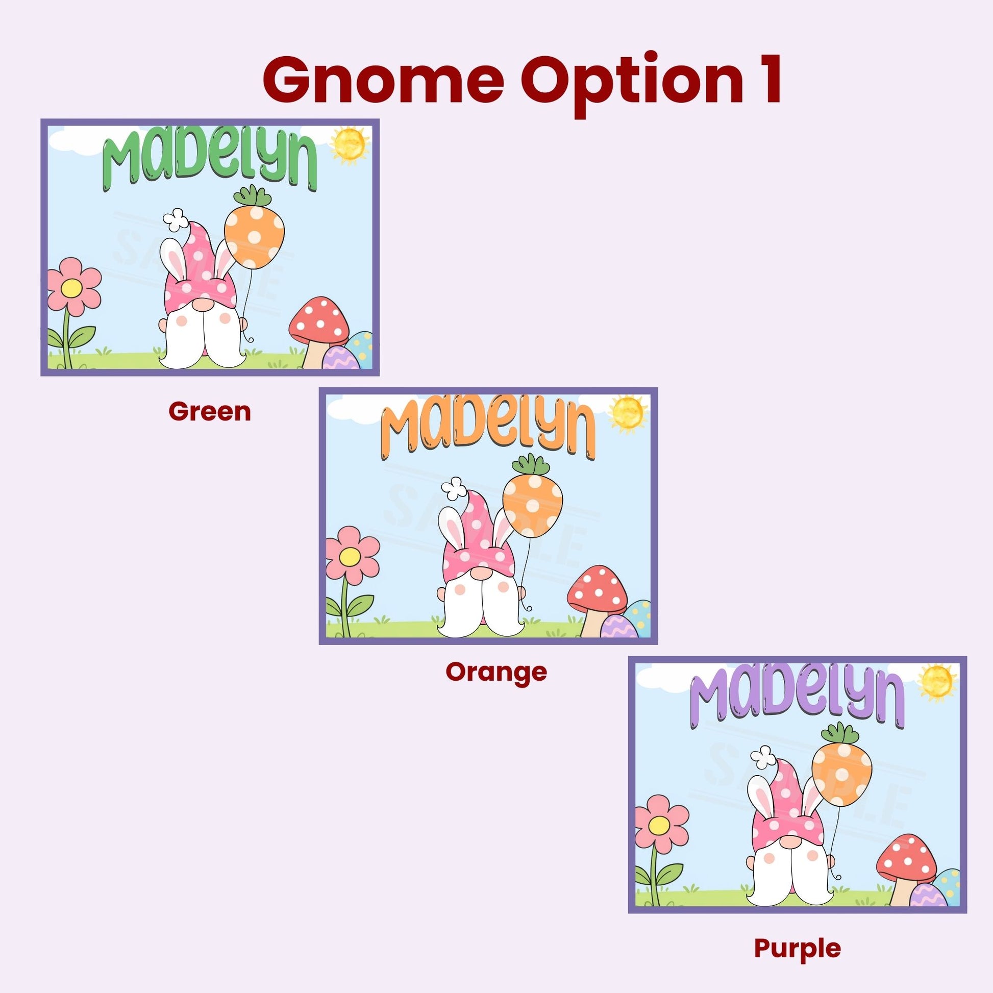 Preview image showing Gnome Option 1 design for a personalized Easter jigsaw puzzle, featuring a bunny gnome holding a carrot balloon in a spring garden scene, with a customizable name at the top and multiple font color options available.