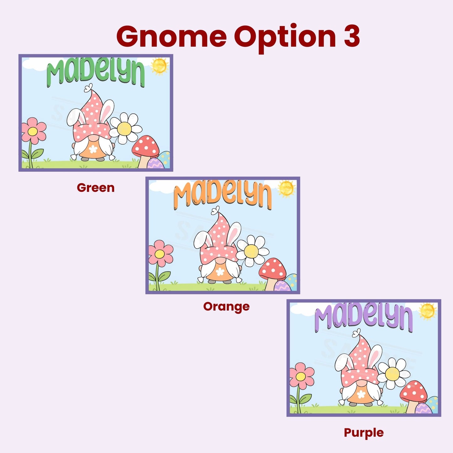 Preview image showing Gnome Option 3 design for a personalized Easter jigsaw puzzle, featuring a bunny gnome holding a flower in a spring garden setting, with a customizable name at the top and multiple font color choices available.