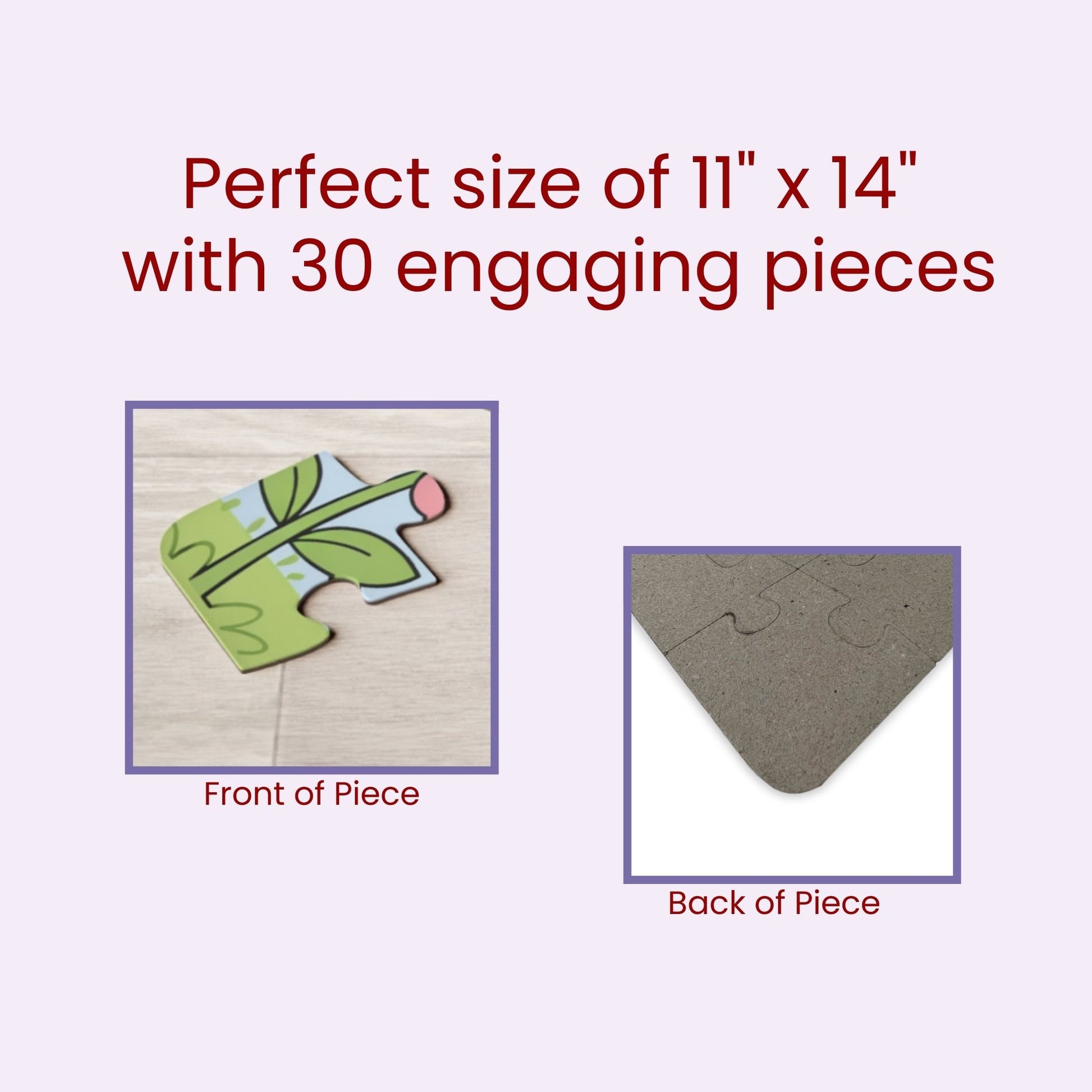 Close-up graphic showing the front and back of a jigsaw puzzle piece, highlighting printed artwork on the front and plain chipboard backing, with text indicating puzzle size and piece count.