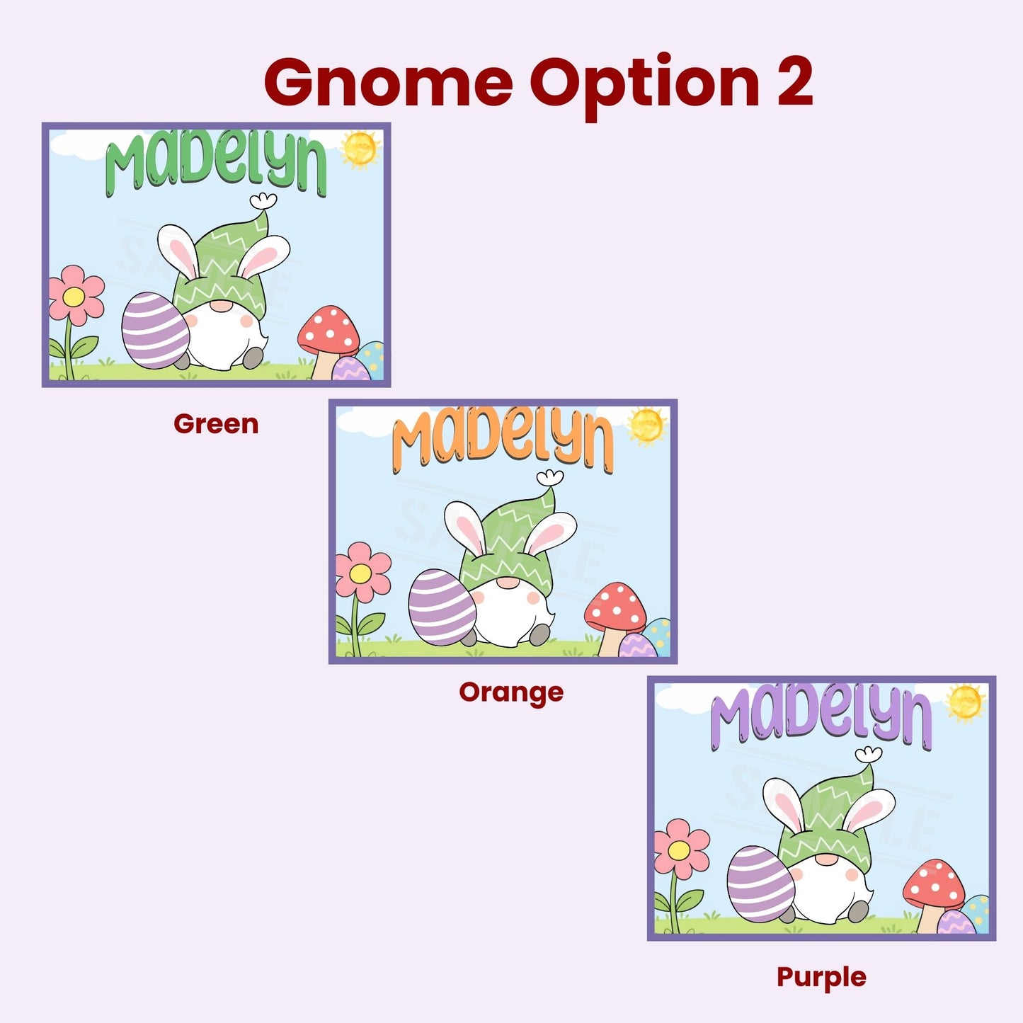 Preview image showing Gnome Option 2 design for a personalized Easter jigsaw puzzle, featuring a bunny gnome sitting with a decorated Easter egg in a spring meadow, with a customizable name displayed at the top and selectable font color options.
