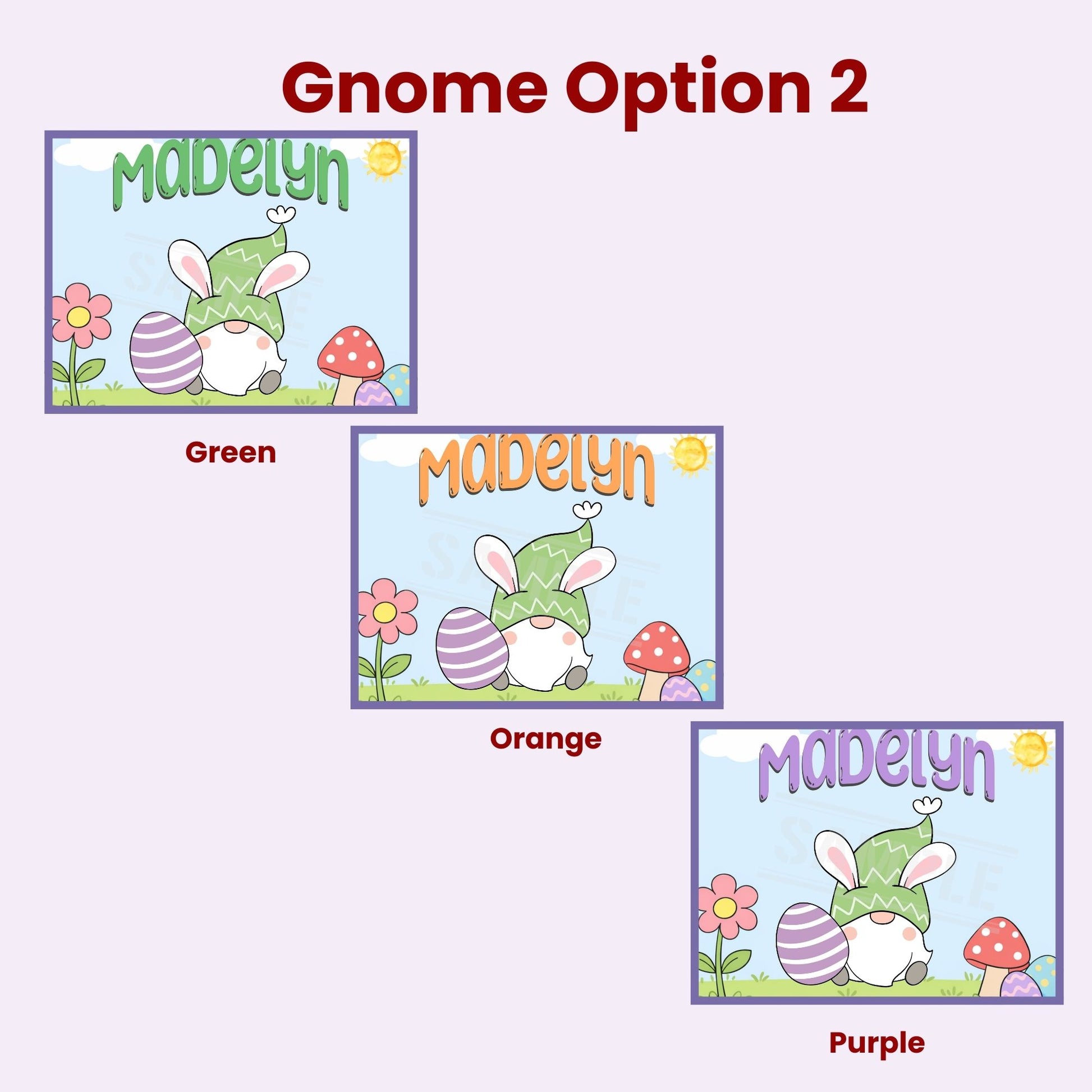 Preview image showing Gnome Option 2 design for a personalized Easter jigsaw puzzle, featuring a bunny gnome sitting with a decorated Easter egg in a spring meadow, with a customizable name displayed at the top and selectable font color options.