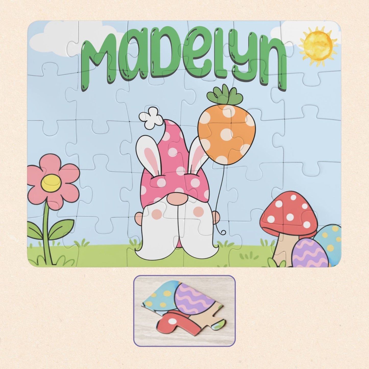 Personalized Easter gnome name puzzle shown as a 30-piece jigsaw with a spring gnome illustration, flowers, mushrooms, and soft pastel colors. Custom name displayed at the top with selectable gnome and font color options.