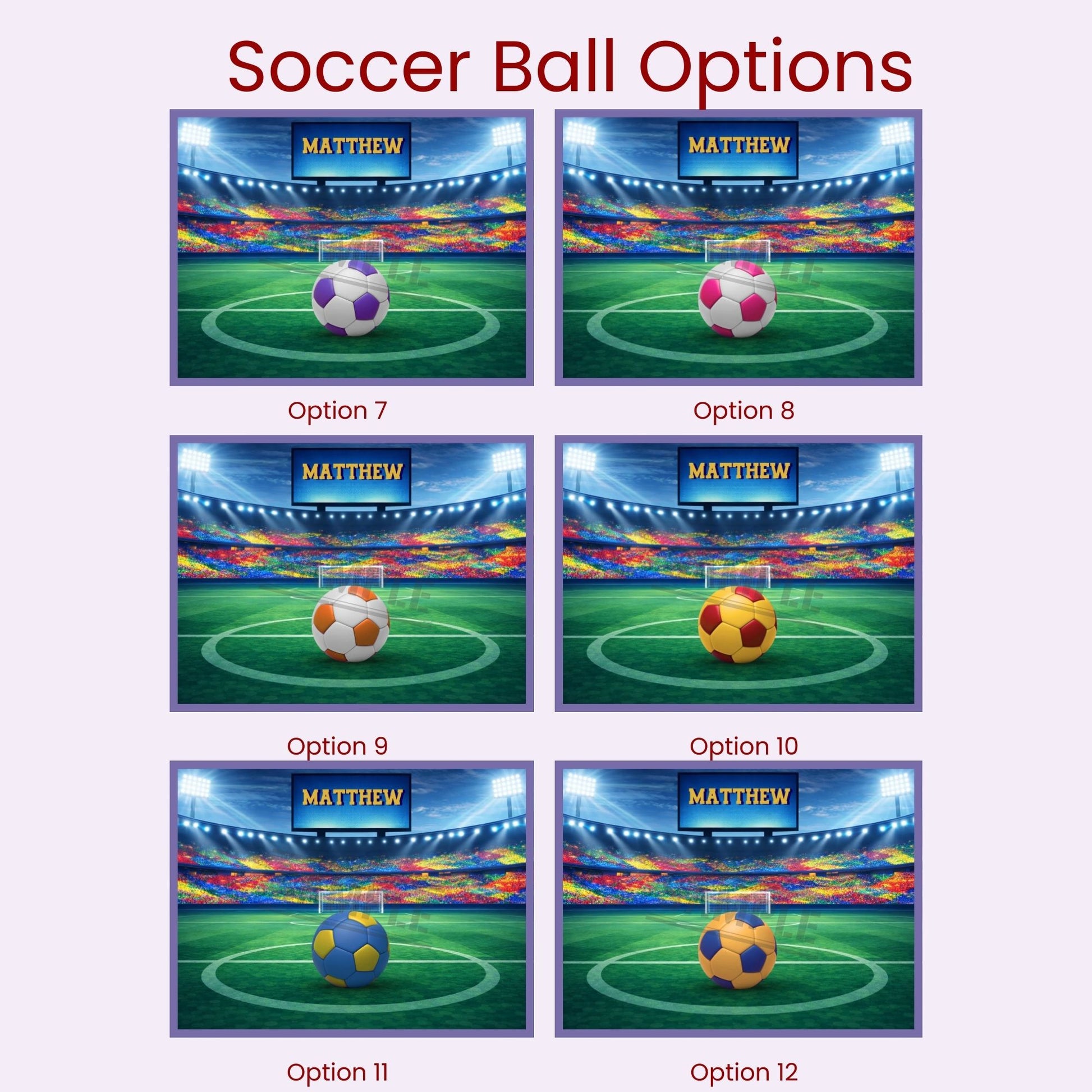 Customization preview image for a personalized soccer jigsaw puzzle showing multiple soccer ball color and pattern options displayed on a stadium field background, with a customizable name shown on the scoreboard above the field.