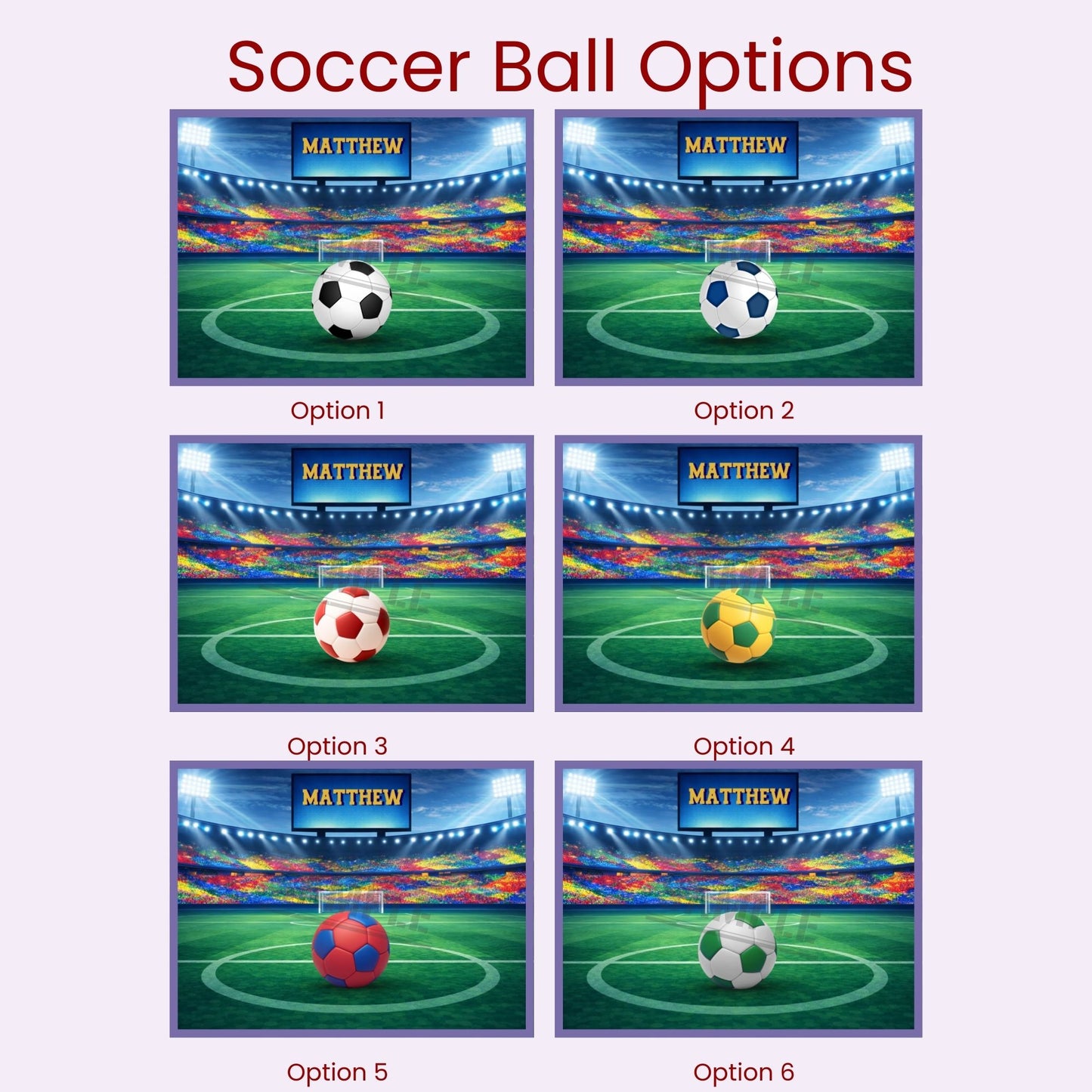 Customization preview image for a personalized soccer jigsaw puzzle showing multiple soccer ball color and pattern options displayed on a stadium field background, with a customizable name shown on the scoreboard above the field.