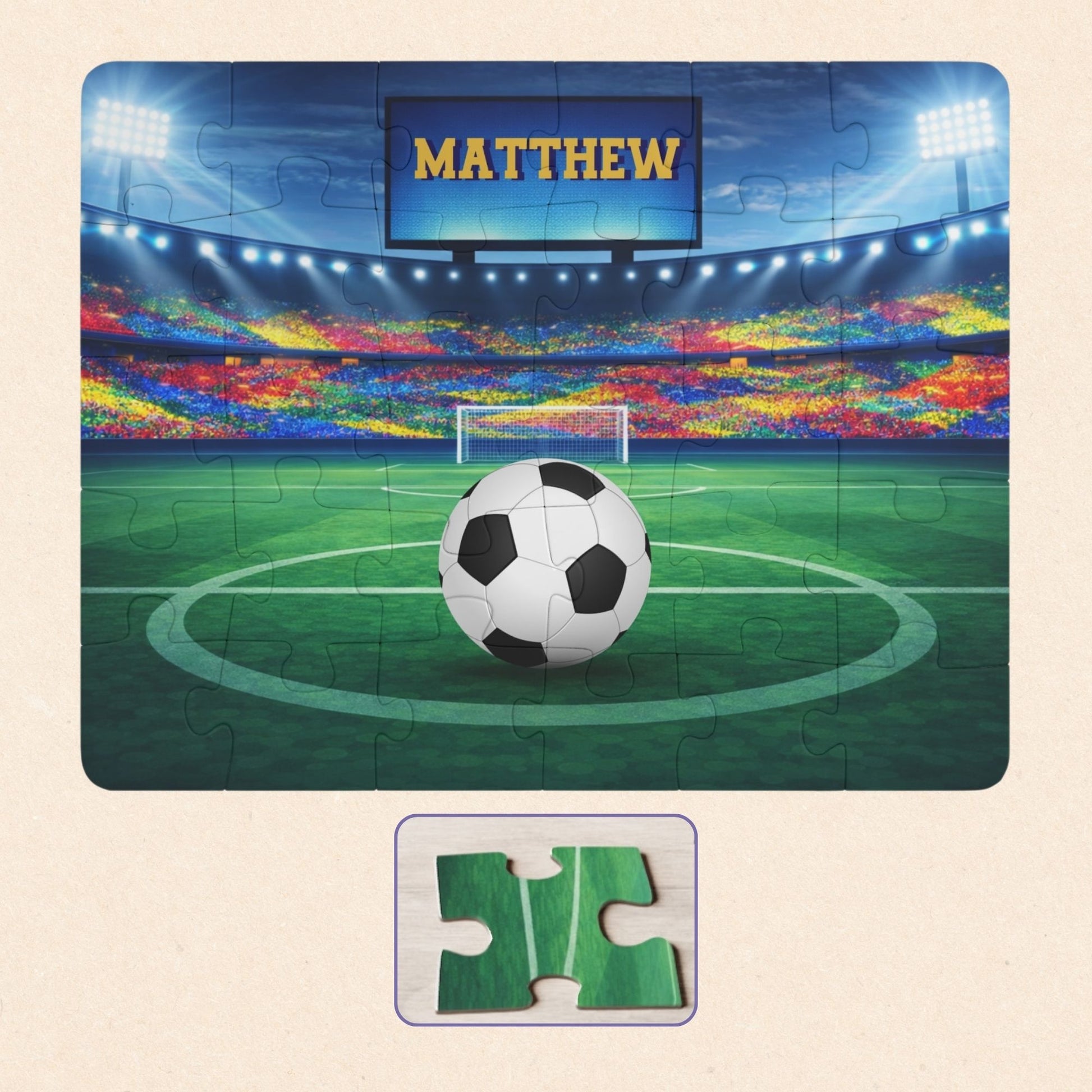 Personalized soccer stadium puzzle shown as a 30-piece jigsaw with a bright field, cheering crowd, and scoreboard displaying a customizable name. Soccer ball features selectable color options.