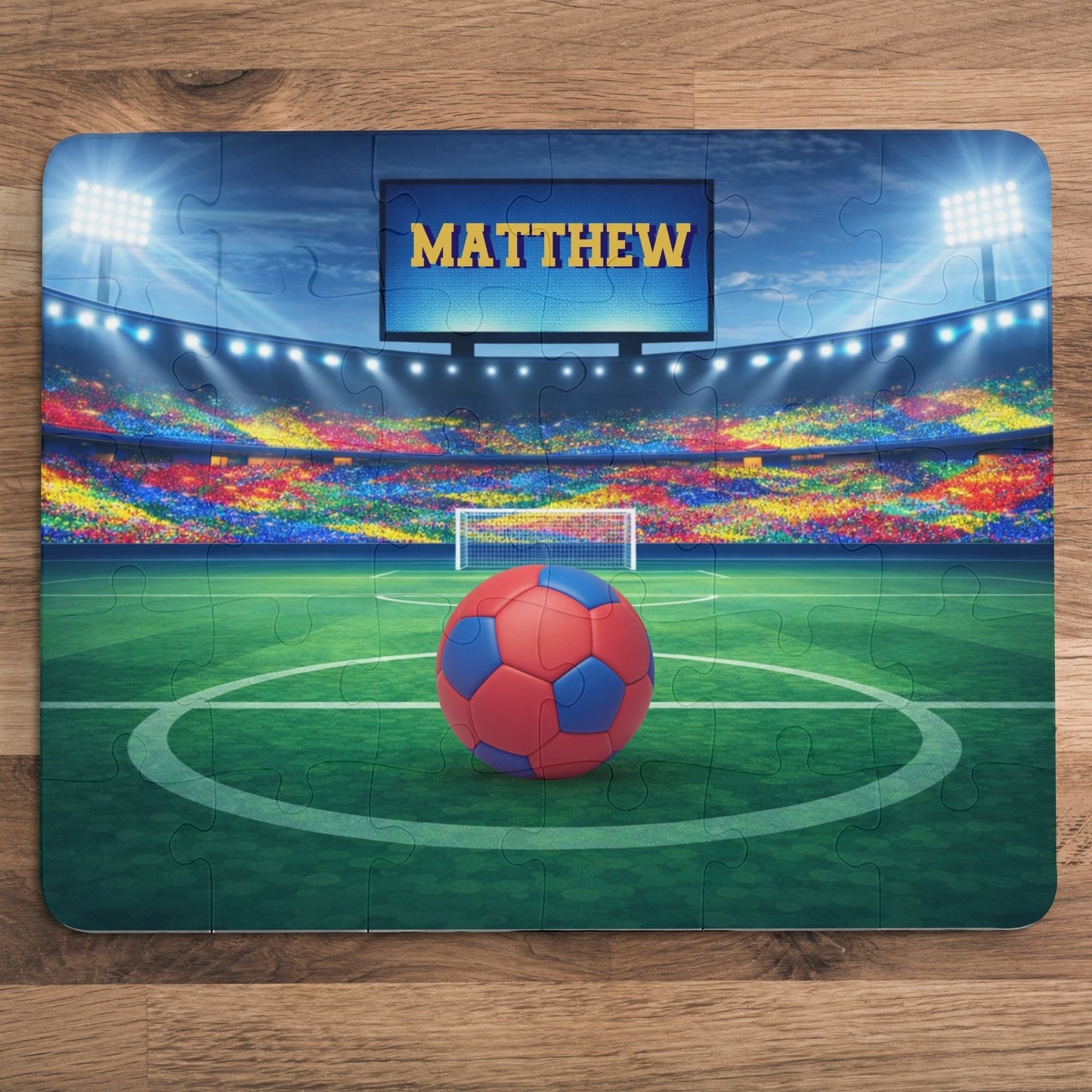 Personalized kids soccer jigsaw puzzle featuring a stadium field scene with a customizable name displayed on the scoreboard above the goal and a selectable soccer ball color centered on the field.