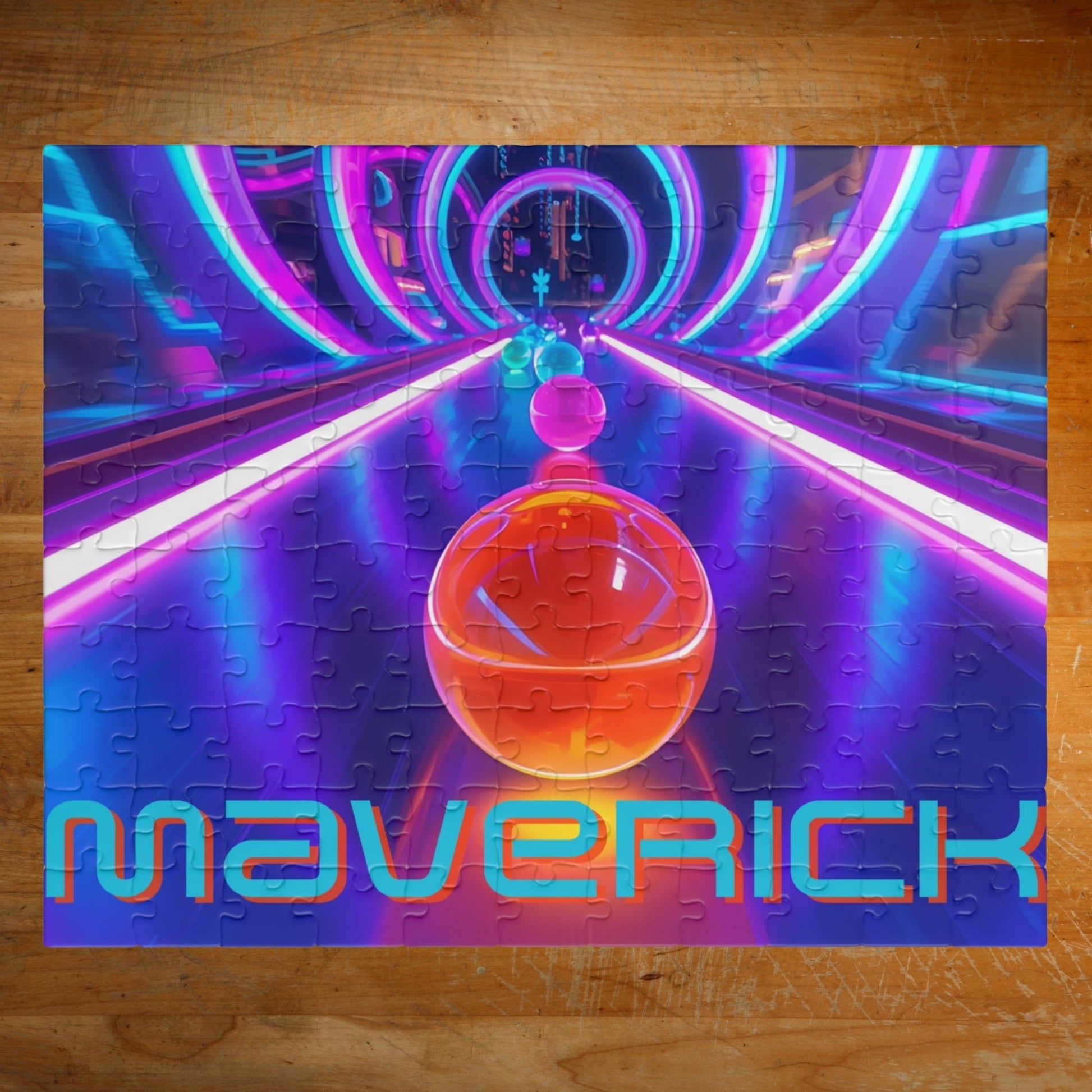 Personalized neon marble race 110-piece jigsaw puzzle featuring glowing tunnels and colorful marbles racing forward. The customizable name appears across the bottom of the puzzle design.