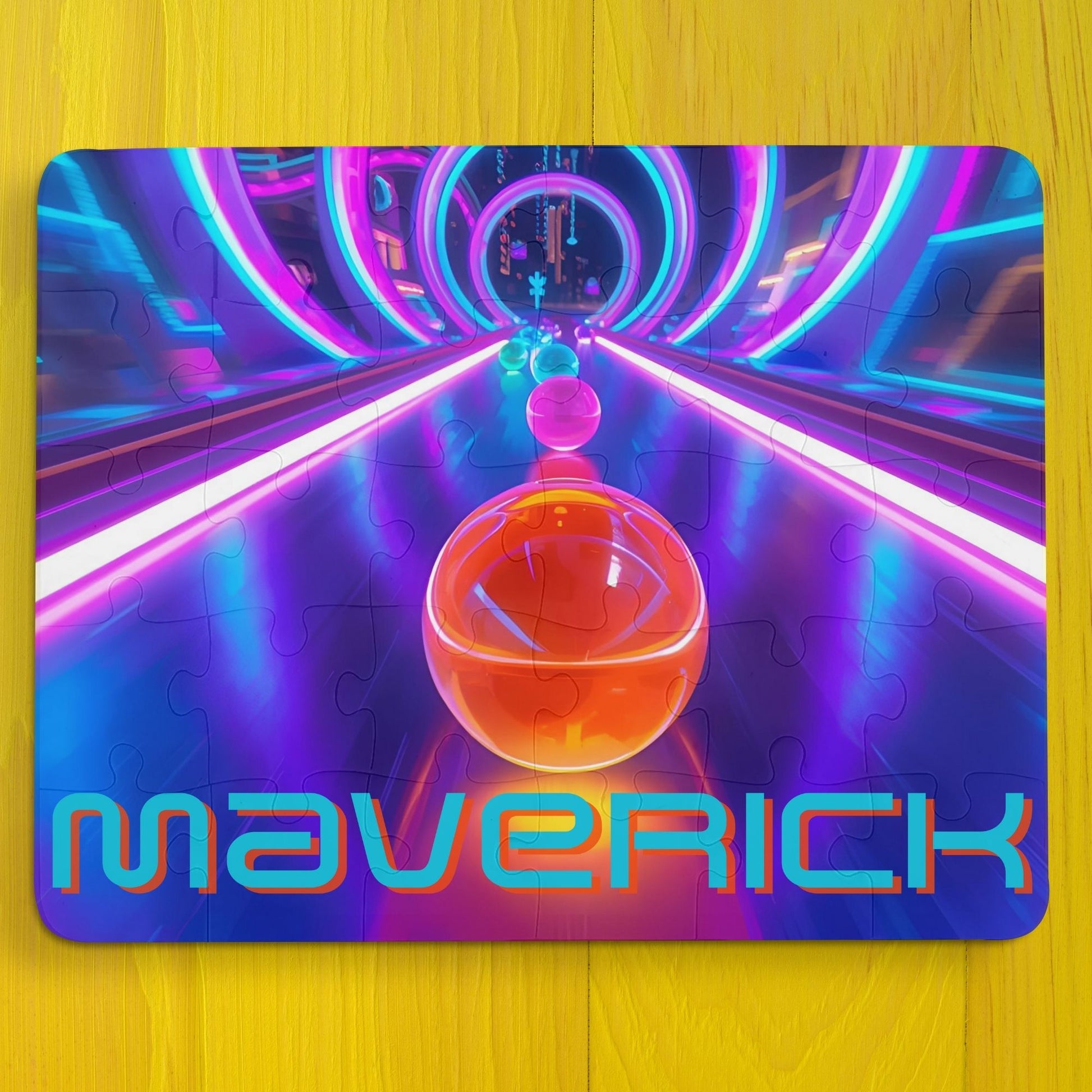 Personalized neon marble race 30-piece jigsaw puzzle featuring vibrant neon tunnels and racing marbles. The custom name is printed across the bottom of the puzzle and shown in option 1. Designed with large pieces for children. 