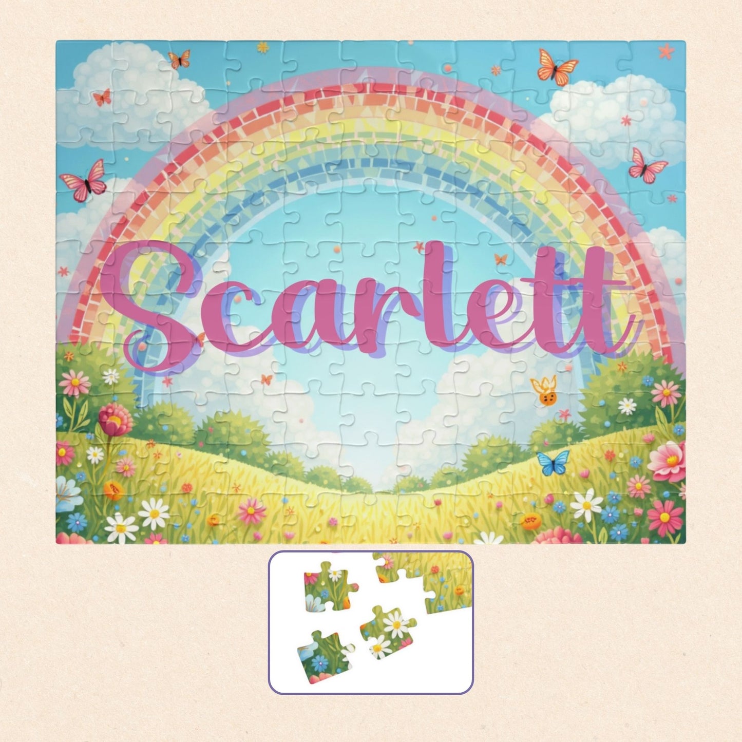 Personalized 110-piece spring puzzle featuring a rainbow and butterflies with a customizable child’s name displayed across the center of the design.
