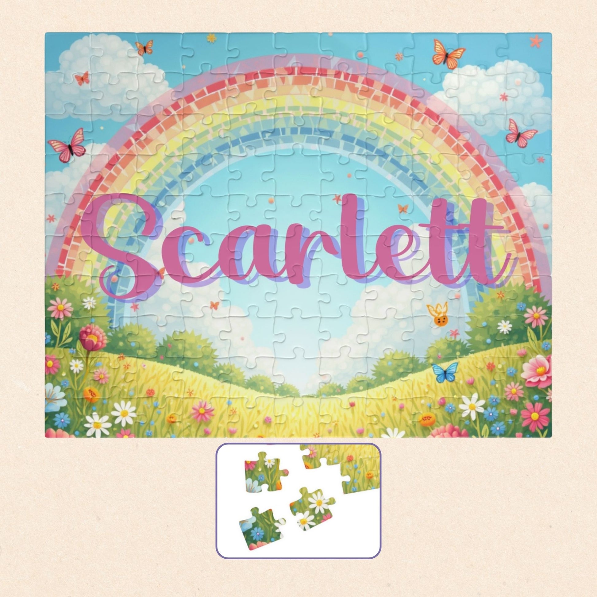 Personalized 110-piece spring puzzle featuring a rainbow and butterflies with a customizable child’s name displayed across the center of the design.