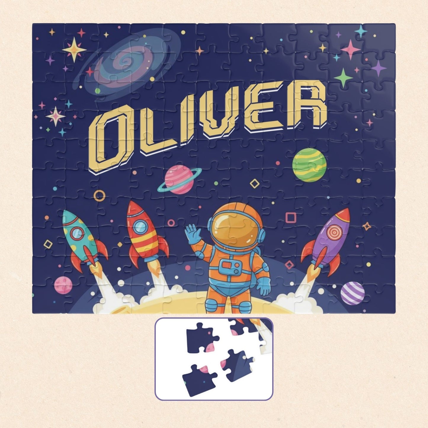 Personalized 110 piece space astronaut jigsaw puzzle featuring rockets, planets, and a cartoon astronaut, with a customizable name displayed across the center