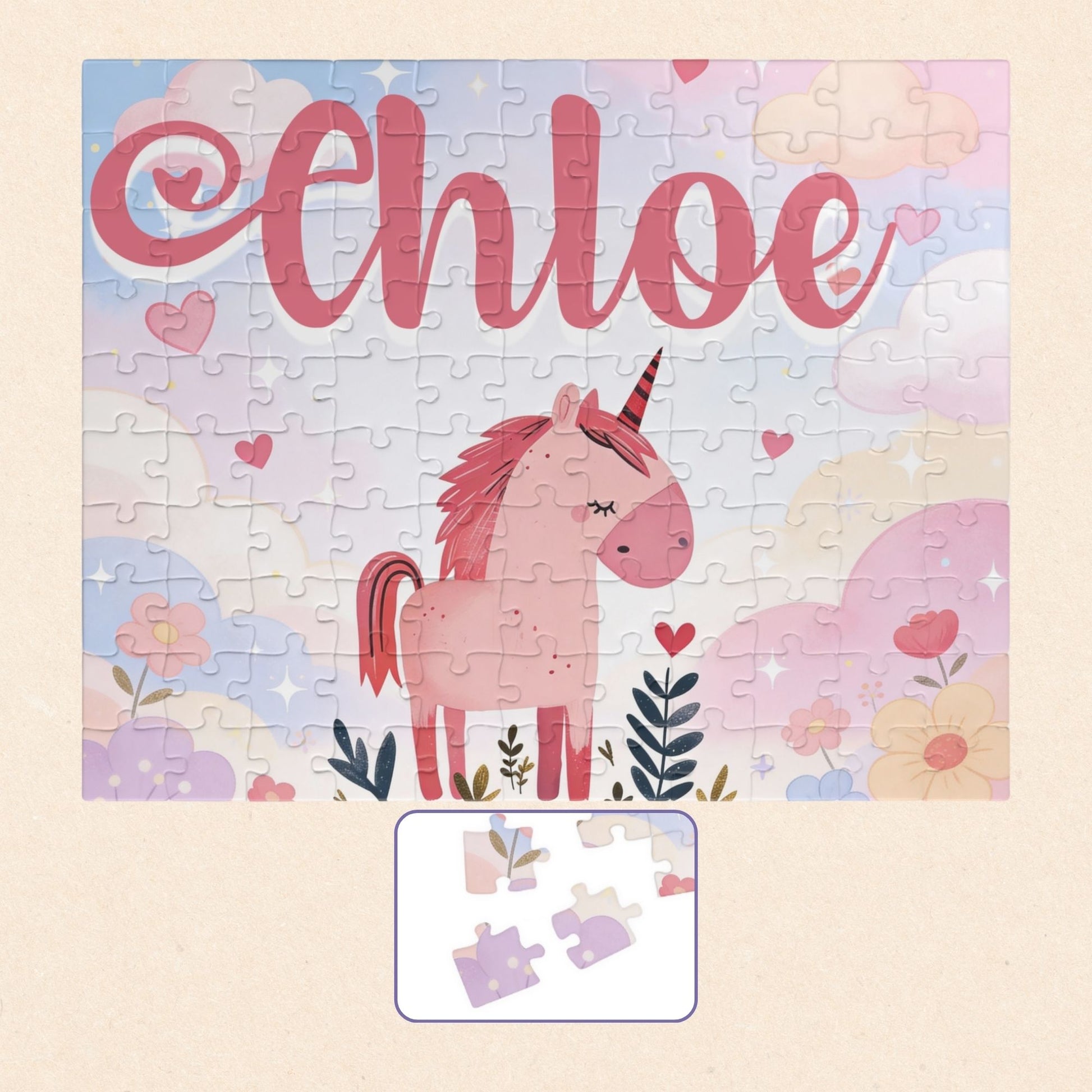 110-piece personalized unicorn puzzle featuring a sweet pink unicorn and customizable child’s name