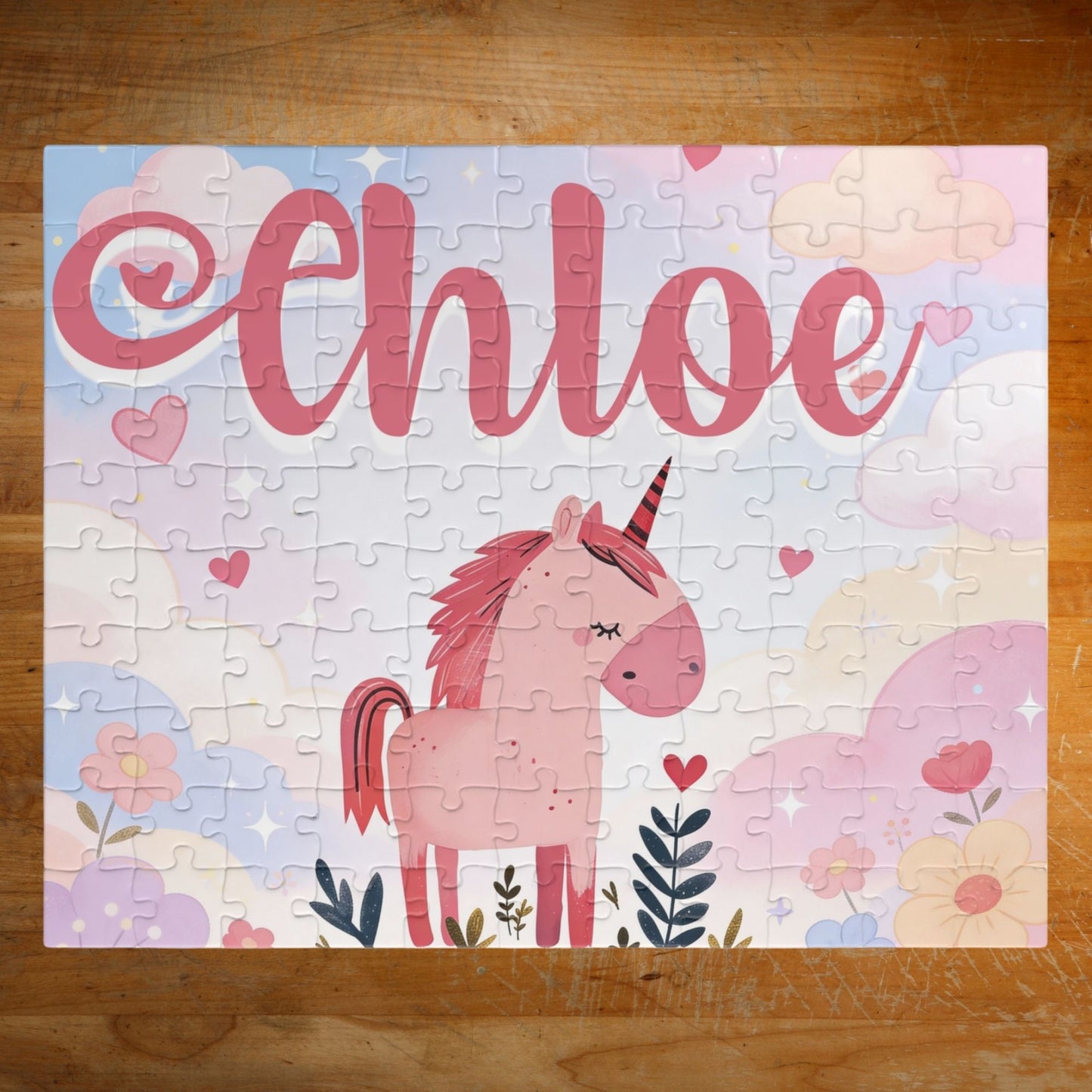 110-piece personalized unicorn puzzle featuring a sweet pink unicorn and customizable child’s name
