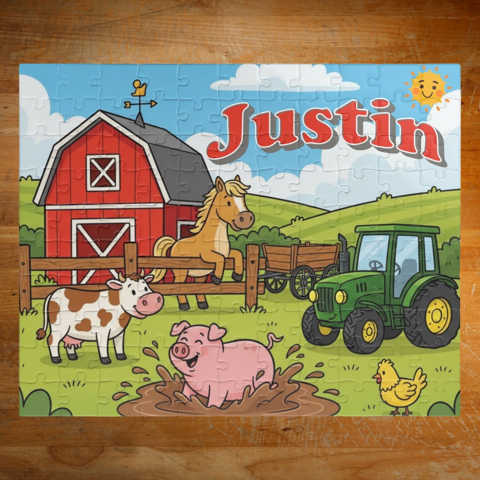 Completed personalized farm animals puzzle featuring a red barn, green tractor, pig in mud, cow, horse, chicken, sunny sky, and a customizable child name displayed across the top.