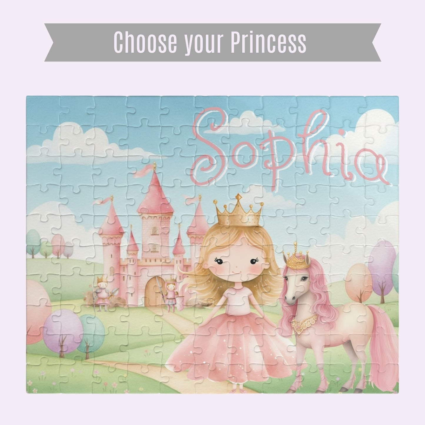 Completed personalized princess puzzle featuring a pastel castle scene, princess character, horse, rolling hills, and a customizable child’s name displayed prominently across the top. With a banner stating you can choose your princess design 