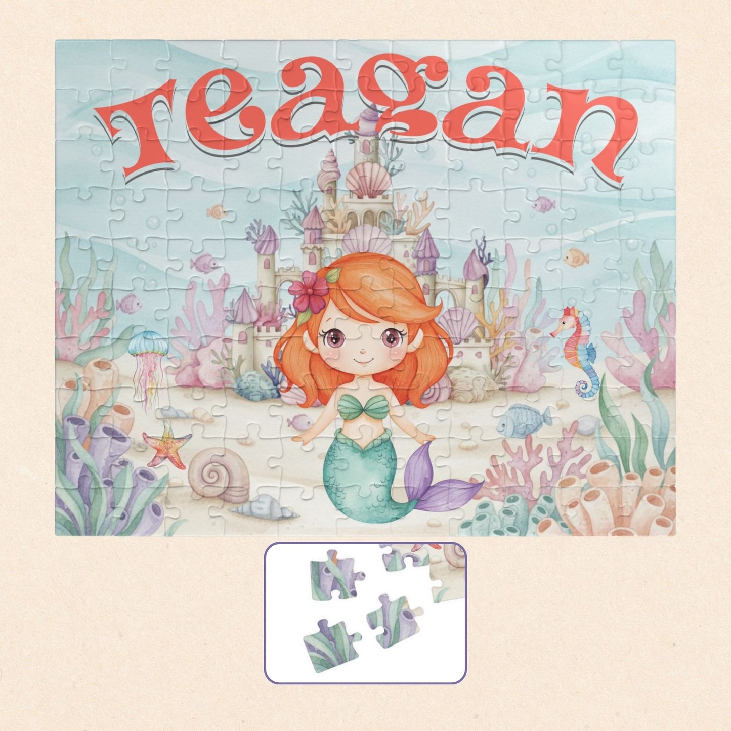 Completed personalized mermaid puzzle featuring an underwater ocean scene with a mermaid, coral, seashells, seahorse, fish, castle, and a customizable child’s name displayed prominently at the top.
