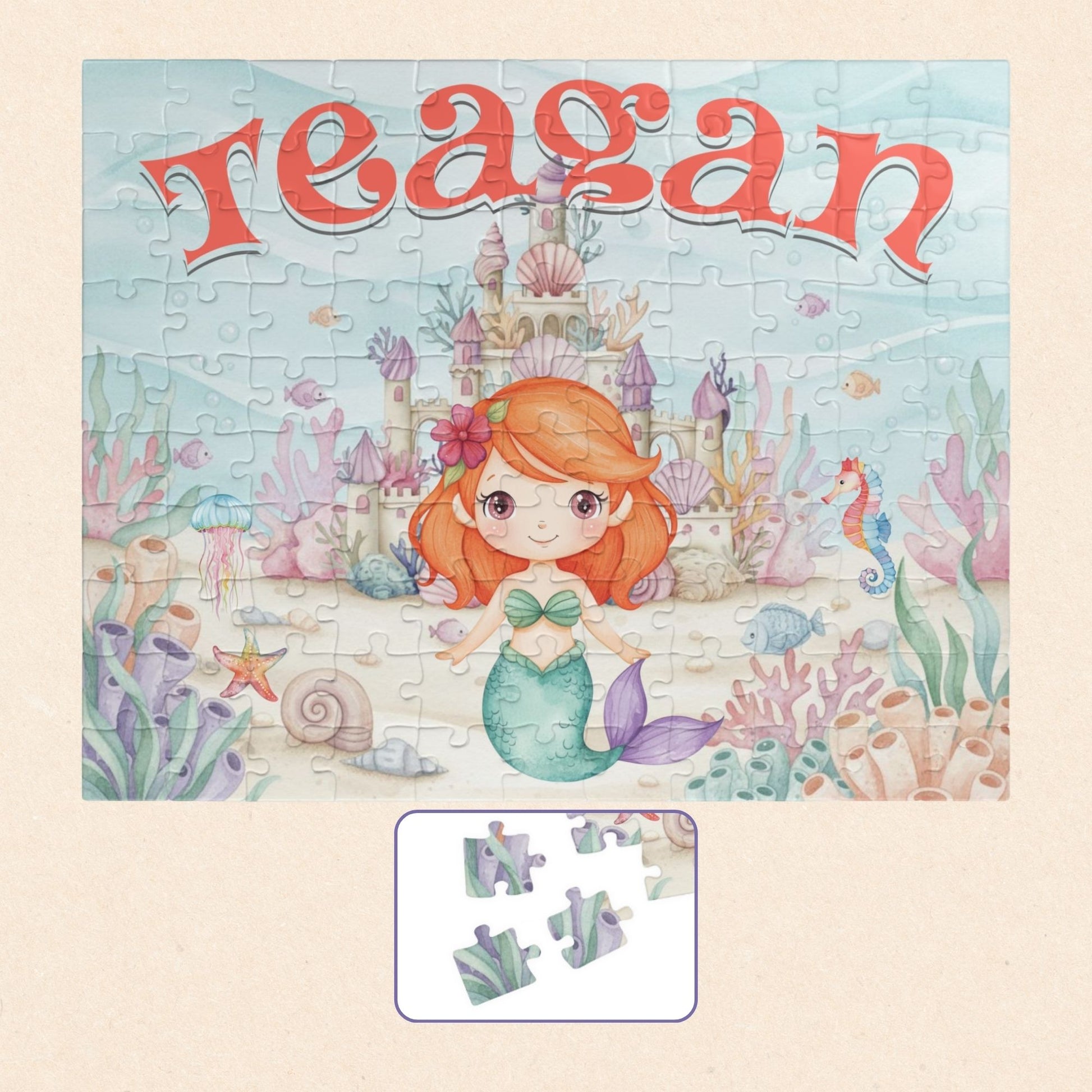 Completed personalized mermaid puzzle featuring an underwater ocean scene with a mermaid, coral, seashells, seahorse, fish, castle, and a customizable child’s name displayed prominently at the top.