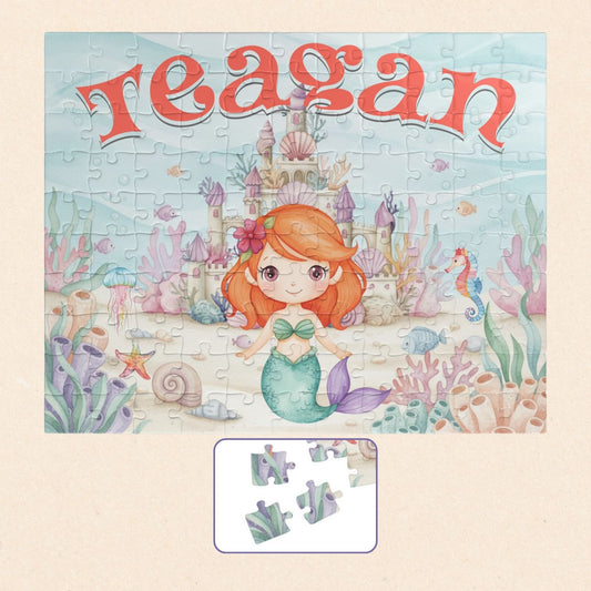 Completed personalized mermaid puzzle featuring an underwater ocean scene with a mermaid, coral, seashells, seahorse, fish, castle, and a customizable child’s name displayed prominently at the top.