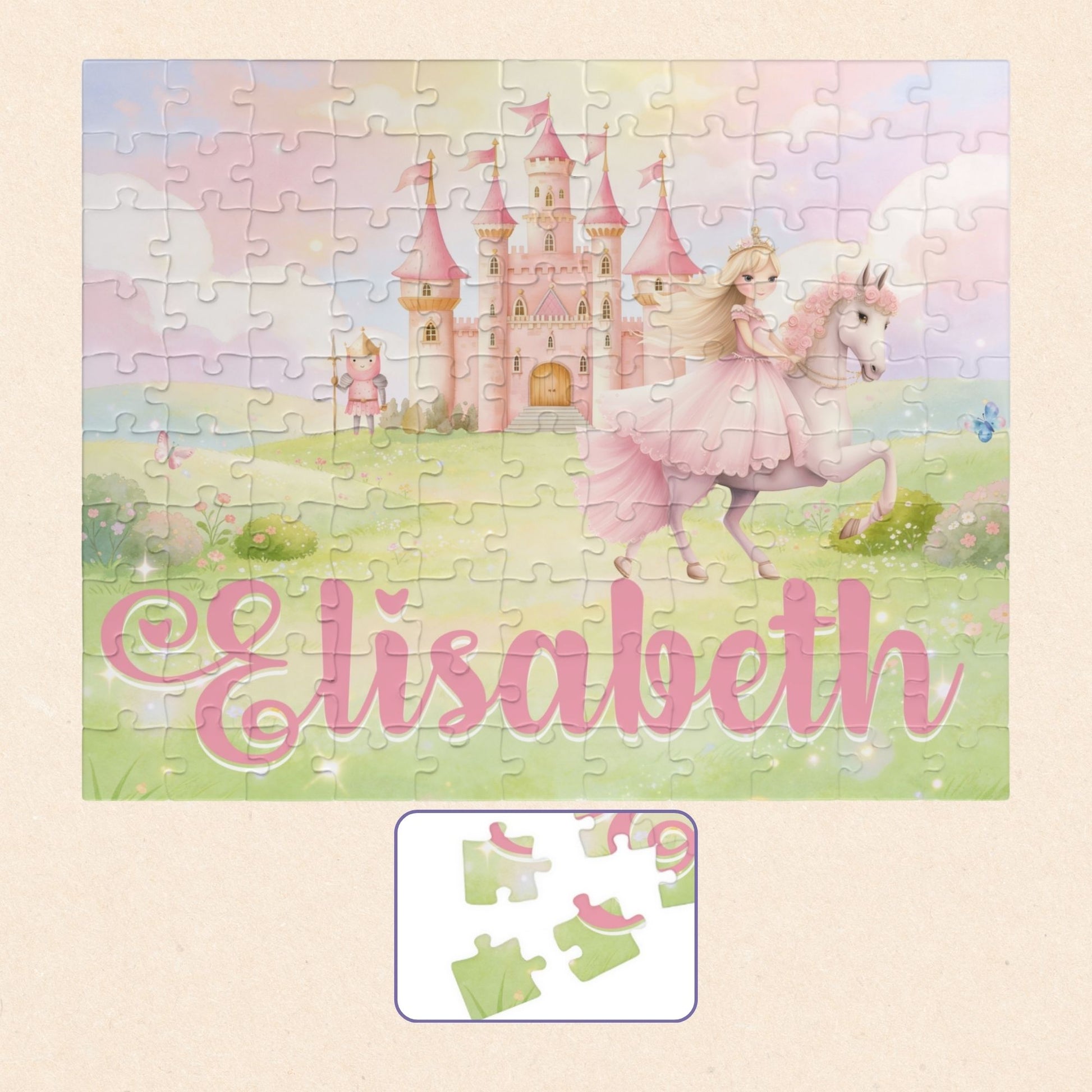 Completed personalized princess puzzle featuring a soft pastel fairytale scene with a princess on horseback, pink castle, flowers, sky, and a customizable child’s name displayed across the bottom.