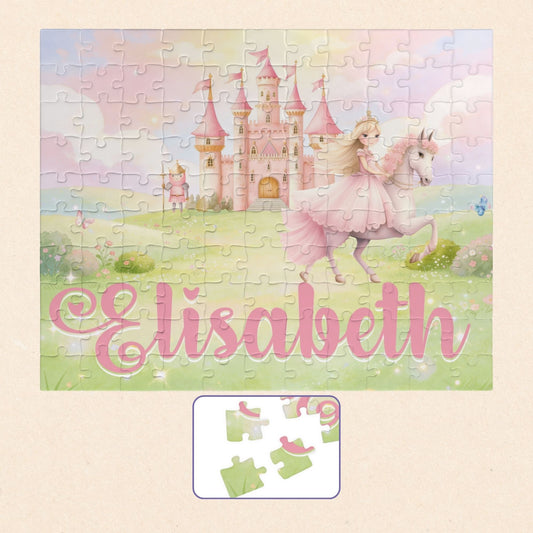 Completed personalized princess puzzle featuring a soft pastel fairytale scene with a princess on horseback, pink castle, flowers, sky, and a customizable child’s name displayed across the bottom.
