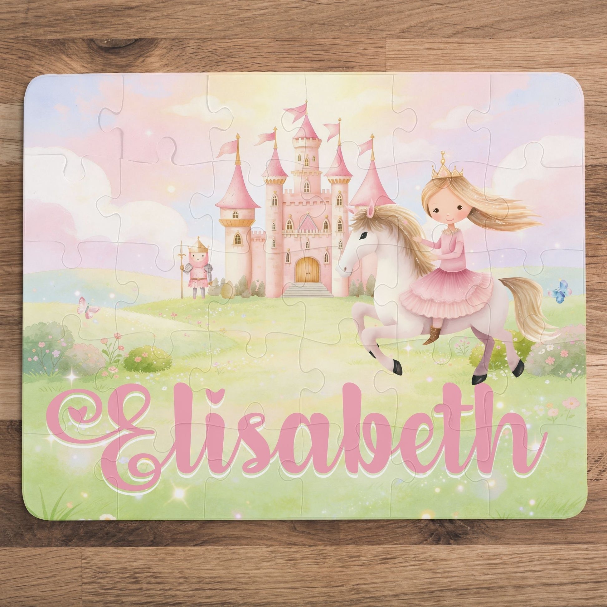 Completed 30-piece personalized princess puzzle featuring a soft pastel fairytale scene with a princess on horseback, pink castle, flowers, sky, and a customizable child’s name across the bottom.
