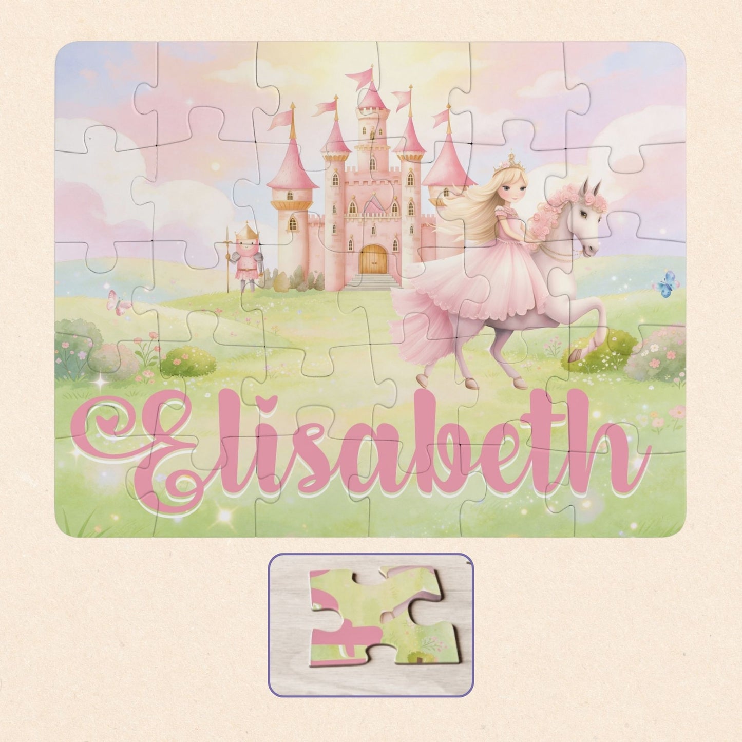 Completed 30-piece personalized princess puzzle featuring a soft pastel fairytale scene with a princess on horseback, pink castle, flowers, sky, and a customizable child’s name across the bottom.