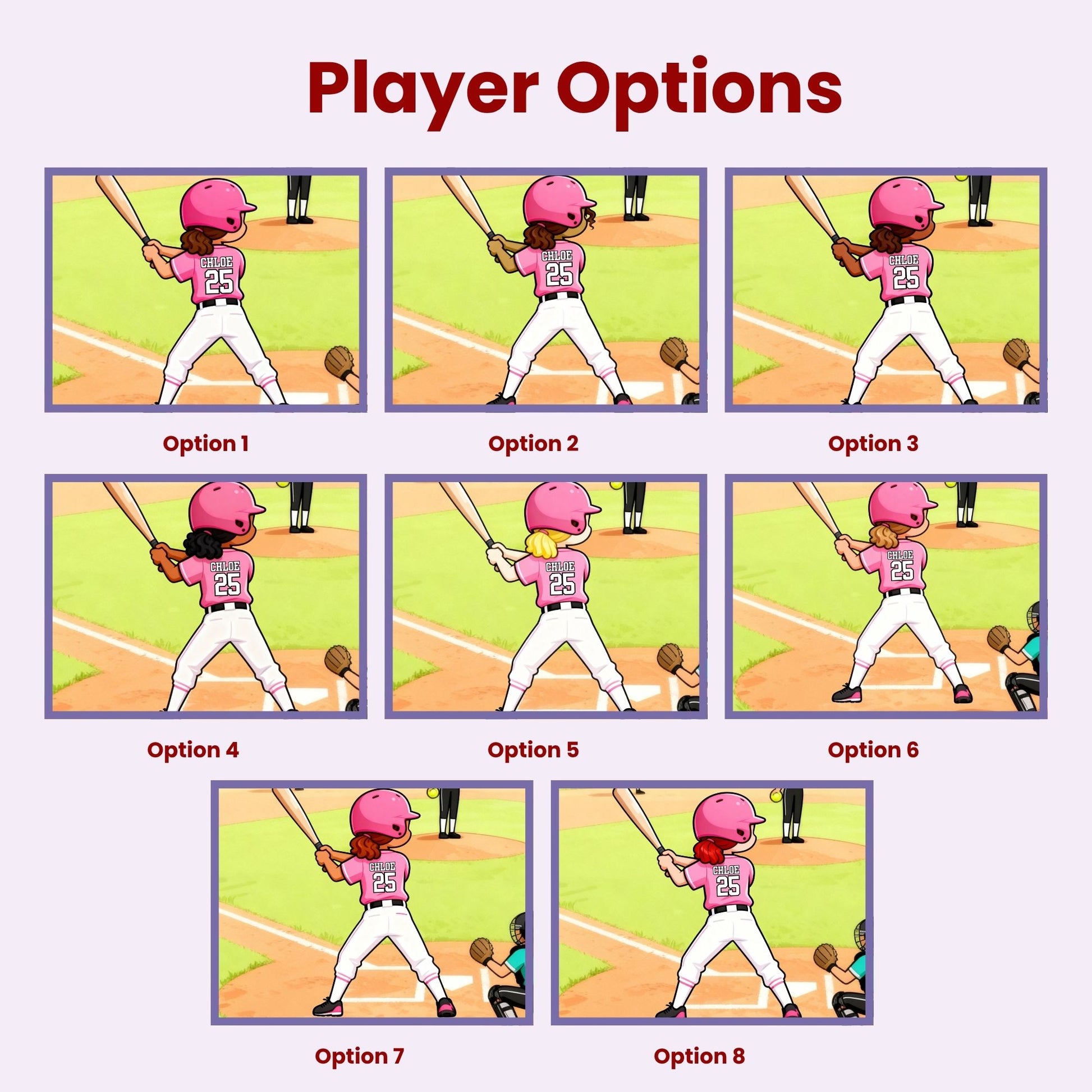 Player options chart showing 8 softball player variations with different skin tones and hair colors, allowing customers to choose the player design for a personalized puzzle.