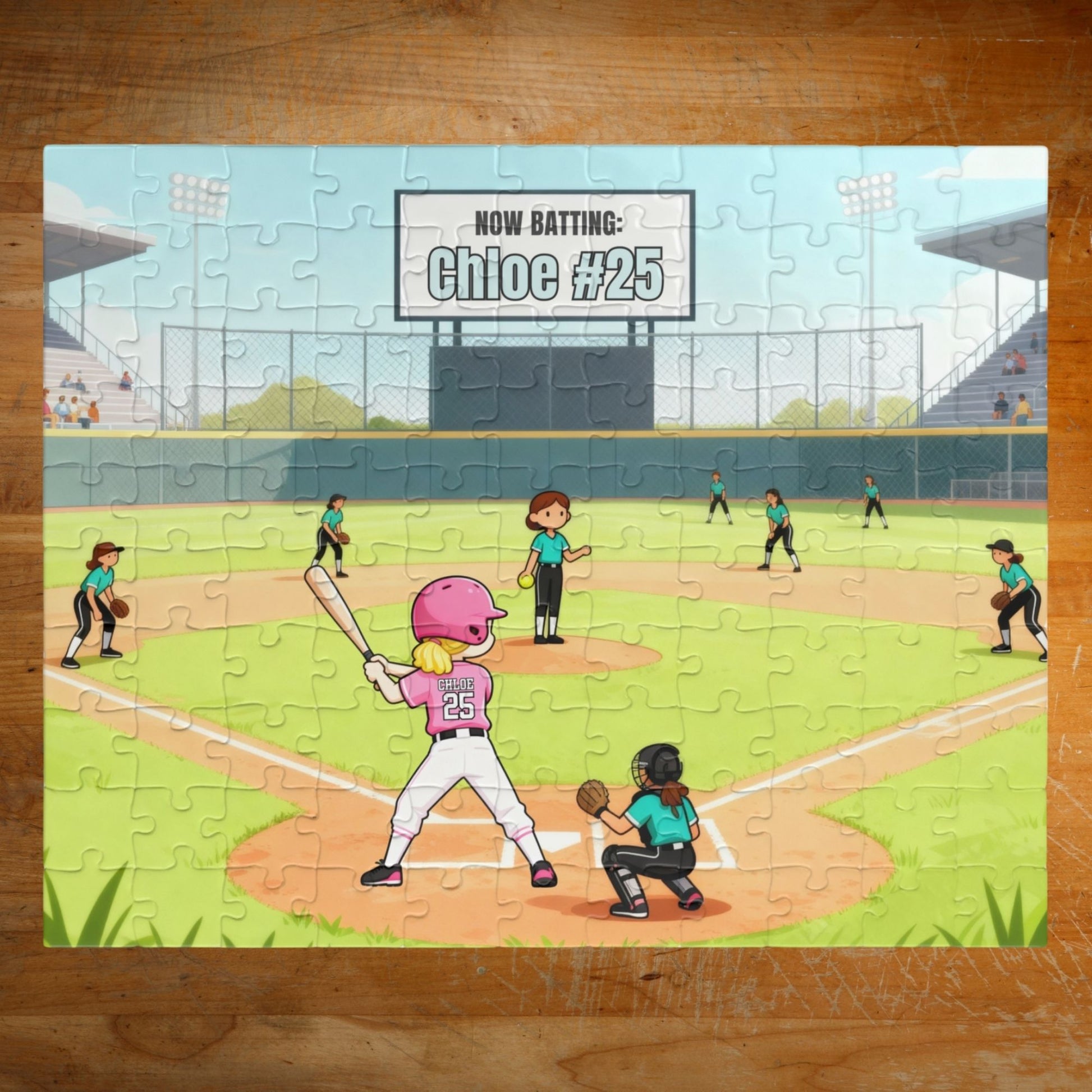 Completed personalized softball puzzle featuring a game-day field scene with a batter, teammates, stadium seating, scoreboard showing a customizable name and number, and jersey personalization on the player.