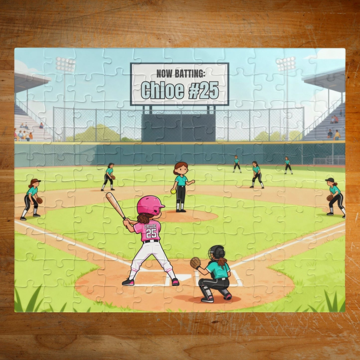 Completed personalized softball puzzle featuring a game-day field scene with a batter, teammates, stadium seating, scoreboard showing a customizable name and number, and jersey personalization on the player.