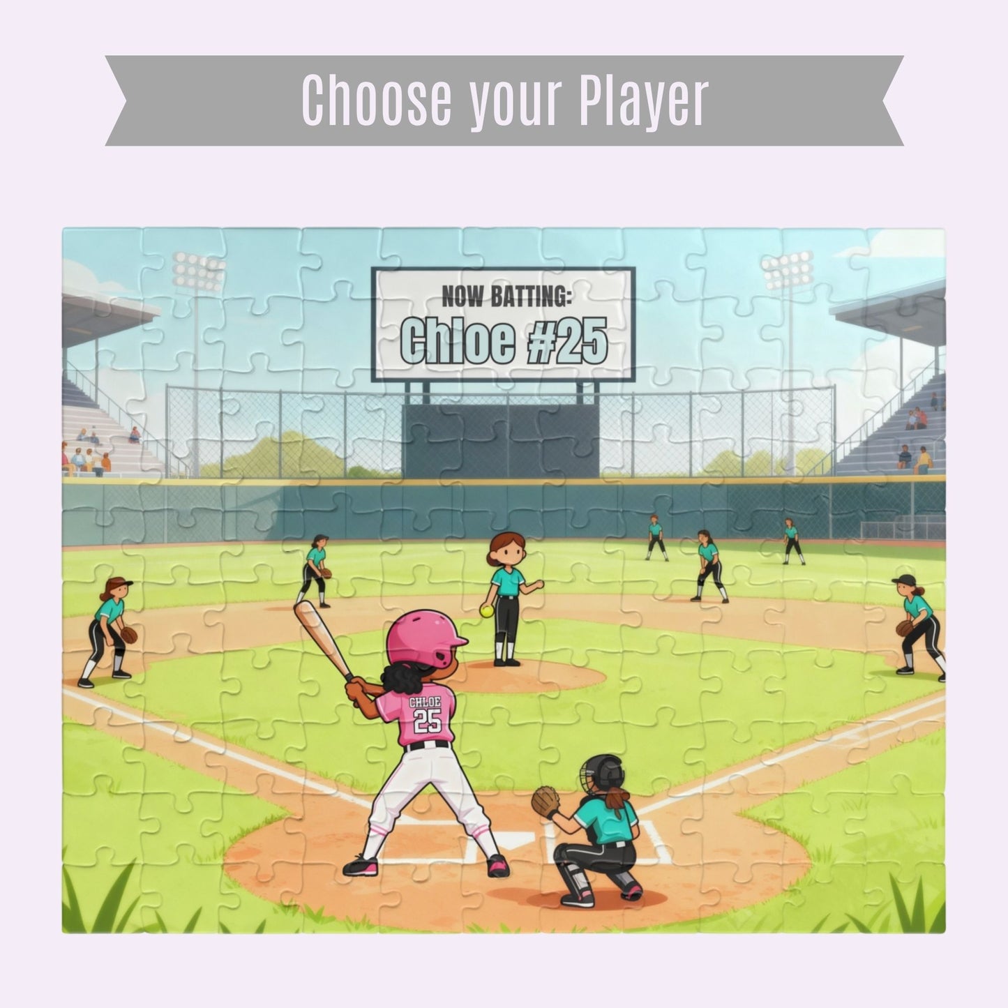 Completed personalized softball puzzle featuring a game-day field scene with a batter, teammates, stadium seating, scoreboard showing a customizable name and number, and jersey personalization on the player. With a banner that says "Choose your Player"