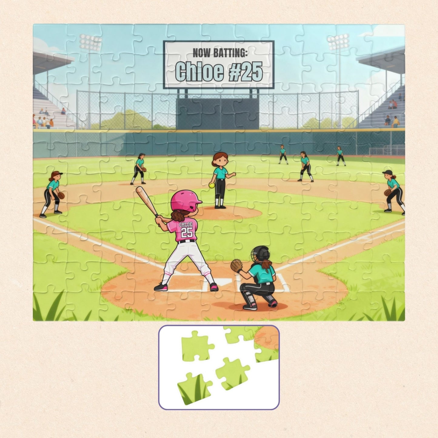 Completed personalized softball puzzle featuring a game-day field scene with a batter, teammates, stadium seating, scoreboard showing a customizable name and number, and jersey personalization on the player.