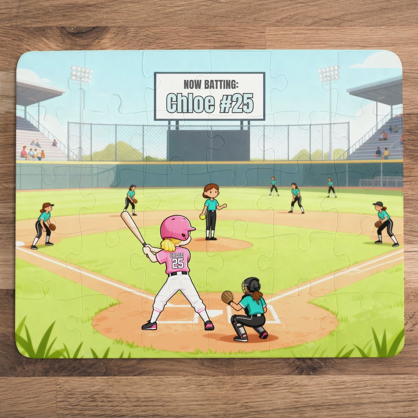 Completed 30-piece personalized softball puzzle featuring a game scene with a batter at home plate, teammates on the field, stadium background, and a customizable name and number on the scoreboard and jersey.