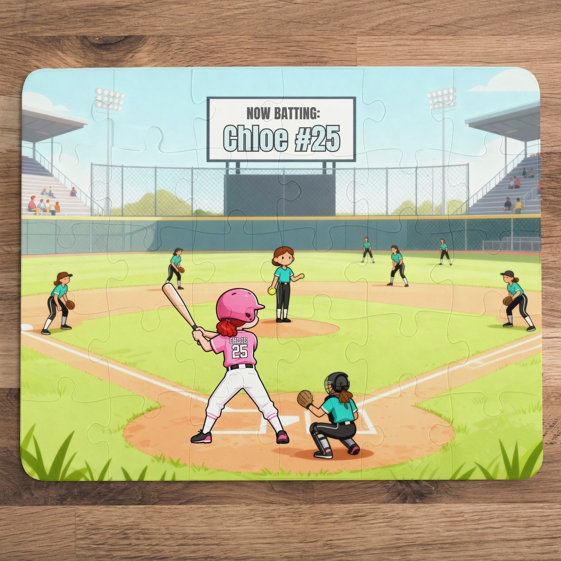 Completed 30-piece personalized softball puzzle featuring a game scene with a batter at home plate, teammates on the field, stadium background, and a customizable name and number on the scoreboard and jersey.