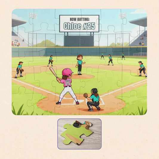 Completed 30-piece personalized softball puzzle featuring a game scene with a batter at home plate, teammates on the field, stadium background, and a customizable name and number on the scoreboard and jersey.