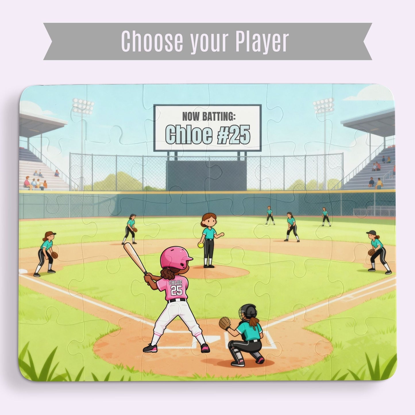 Completed 30-piece personalized softball puzzle featuring a game scene with a batter at home plate, teammates on the field, stadium background, and a customizable name and number on the scoreboard and jersey. With a banner that says "choose your player"
